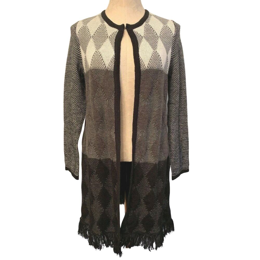 Small Roz & Ali Long Black and Gray Fringed Cardigan Sweater Womens